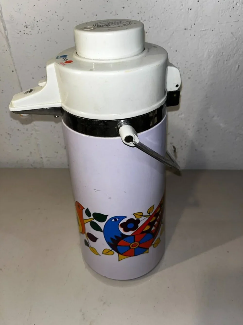 Vintage Air Pot Vacuum Thermos Pump Drink Dispenser MCM Colorful Partridge Birds